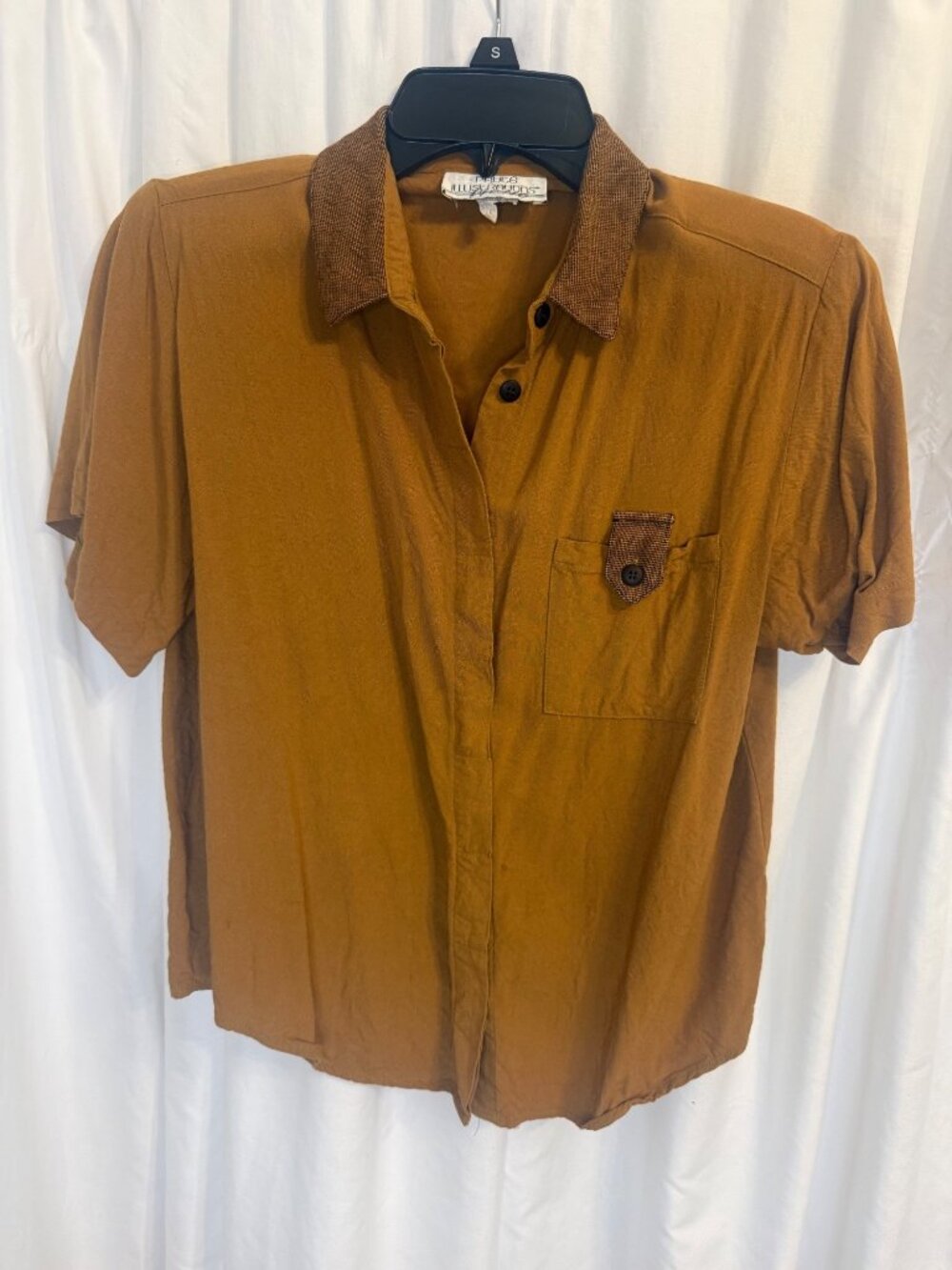 Petite Illustrations Vintage Mustard Button-Up Shirt Contrast Collar & Chest Poc